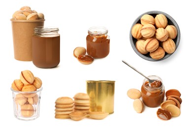 Image of Delicious nut shaped cookies with caramelized condensed milk isolated on white, collage design