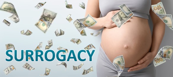 Image of Surrogacy concept. Closeup view of young pregnant woman and flying money on light background, banner design