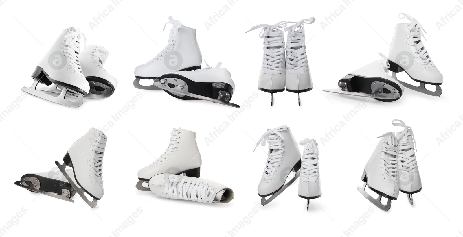 Image of Set with ice skates on white background. Banner design