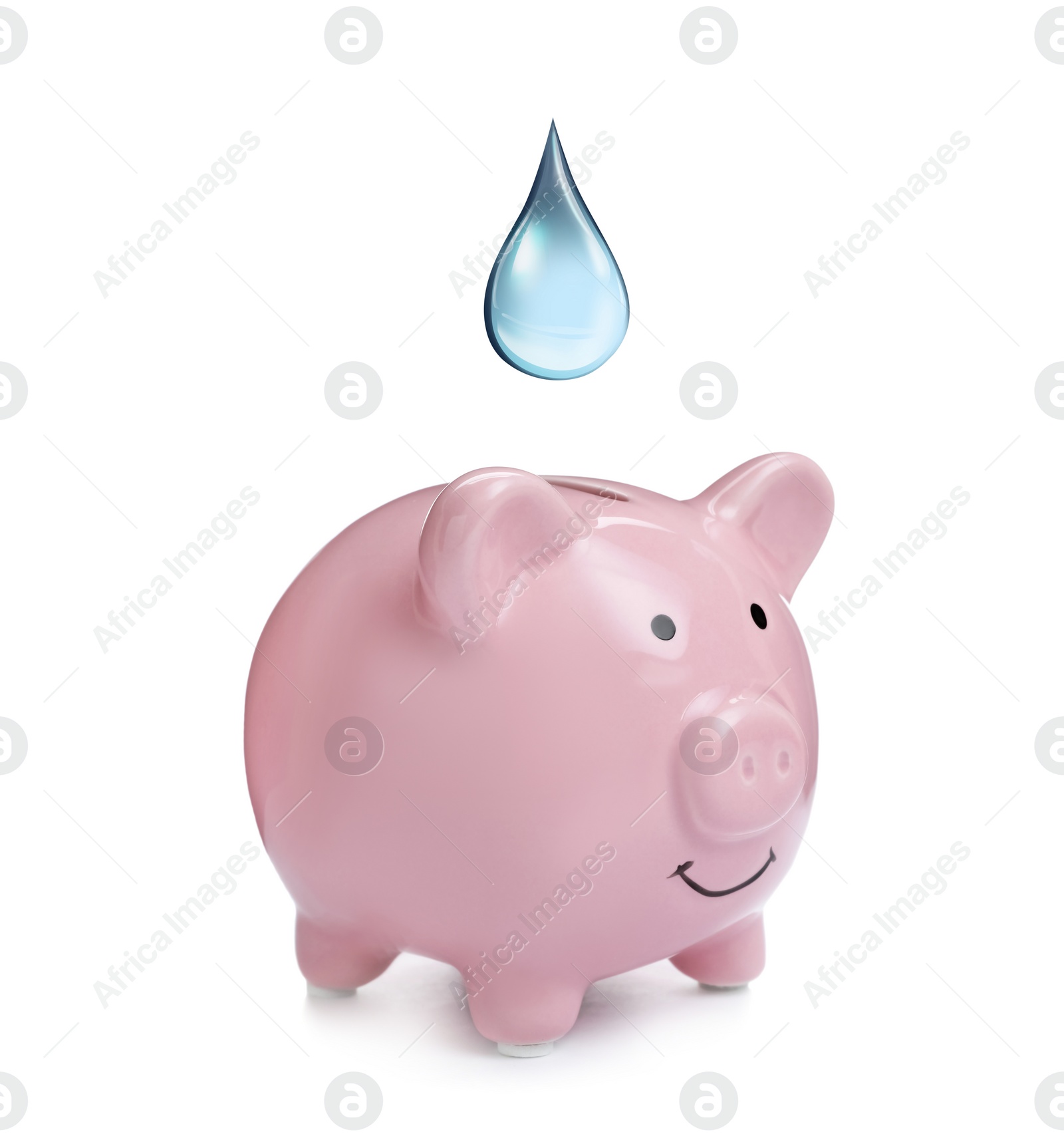 Image of Water scarcity concept. Piggy bank and drop on white background