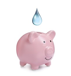 Image of Water scarcity concept. Piggy bank and drop on white background