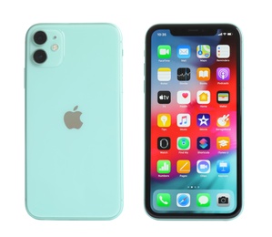 Image of MYKOLAIV, UKRAINE - JULY 07, 2020: New modern iPhone 11 with home screen against white background, back and front views