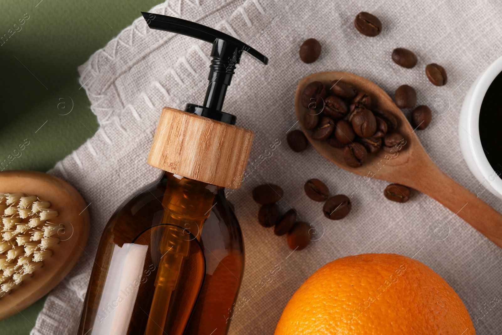 Photo of Flat lay composition with cosmetic product and fresh ingredients on olive background. Anti cellulite treatment