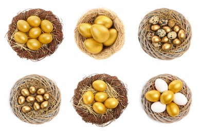 Set with shiny golden eggs on white background, top view