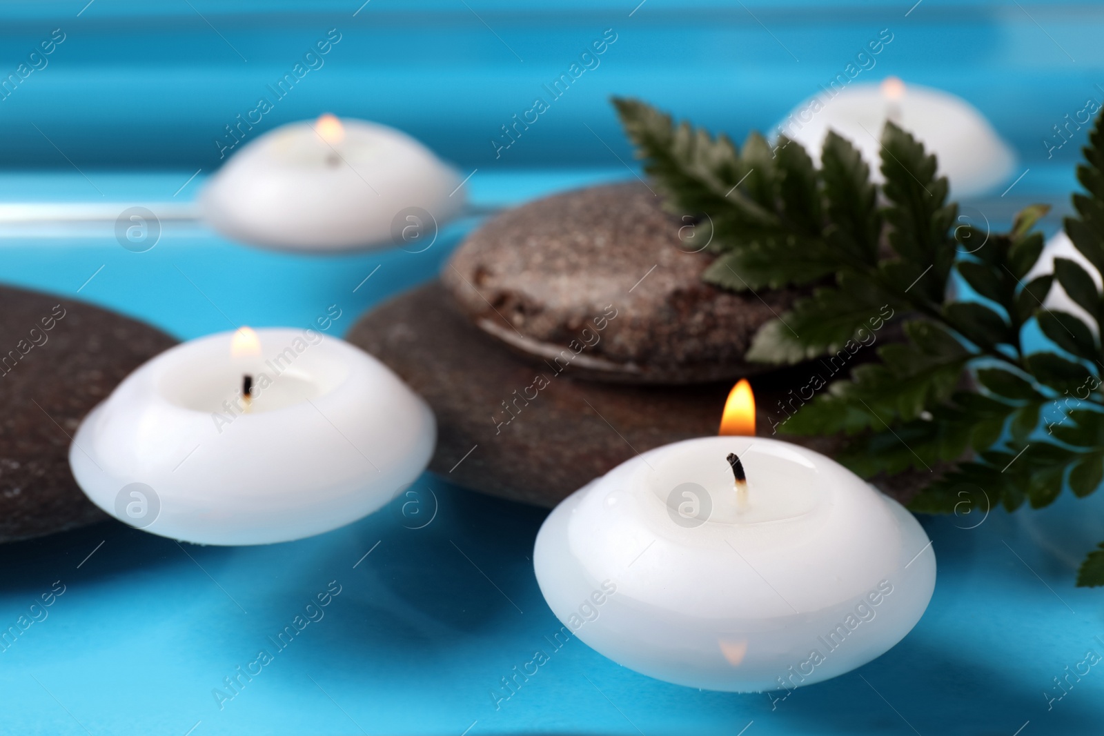 Photo of Burning candles, green leaf and spa stones in water