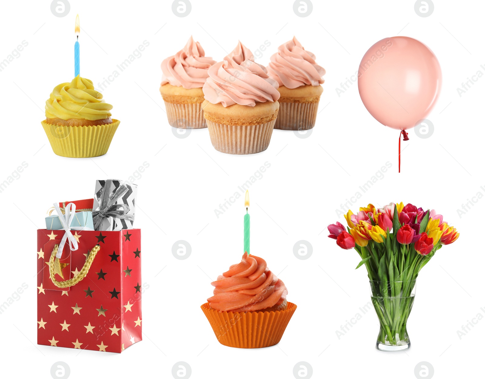 Image of Set of different birthday items on white background