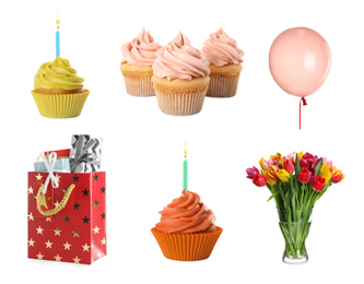 Image of Set of different birthday items on white background