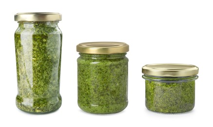 Image of Pesto sauce in jars isolated on white, set