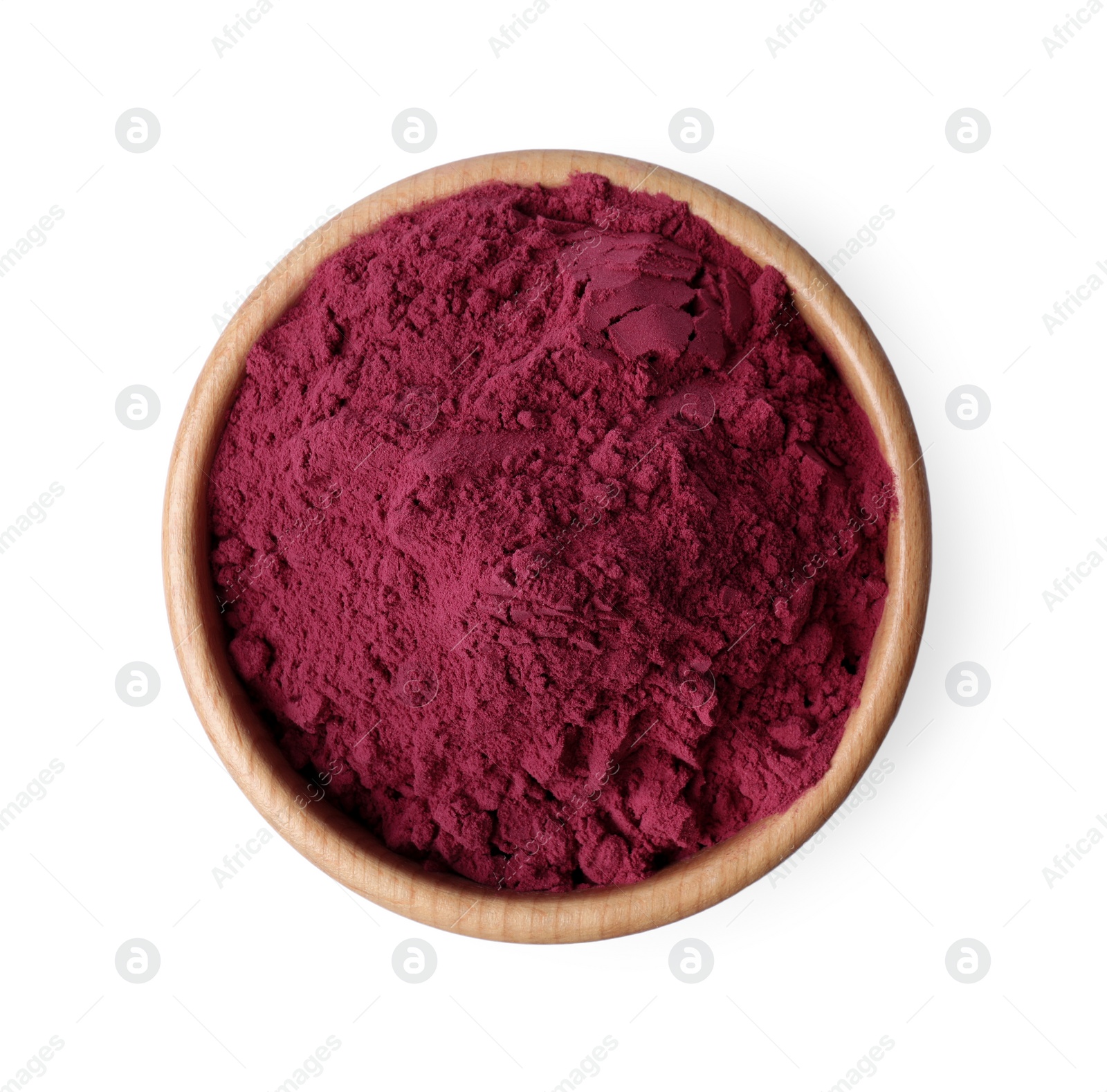 Photo of Wooden bowl of acai powder on white background, top view