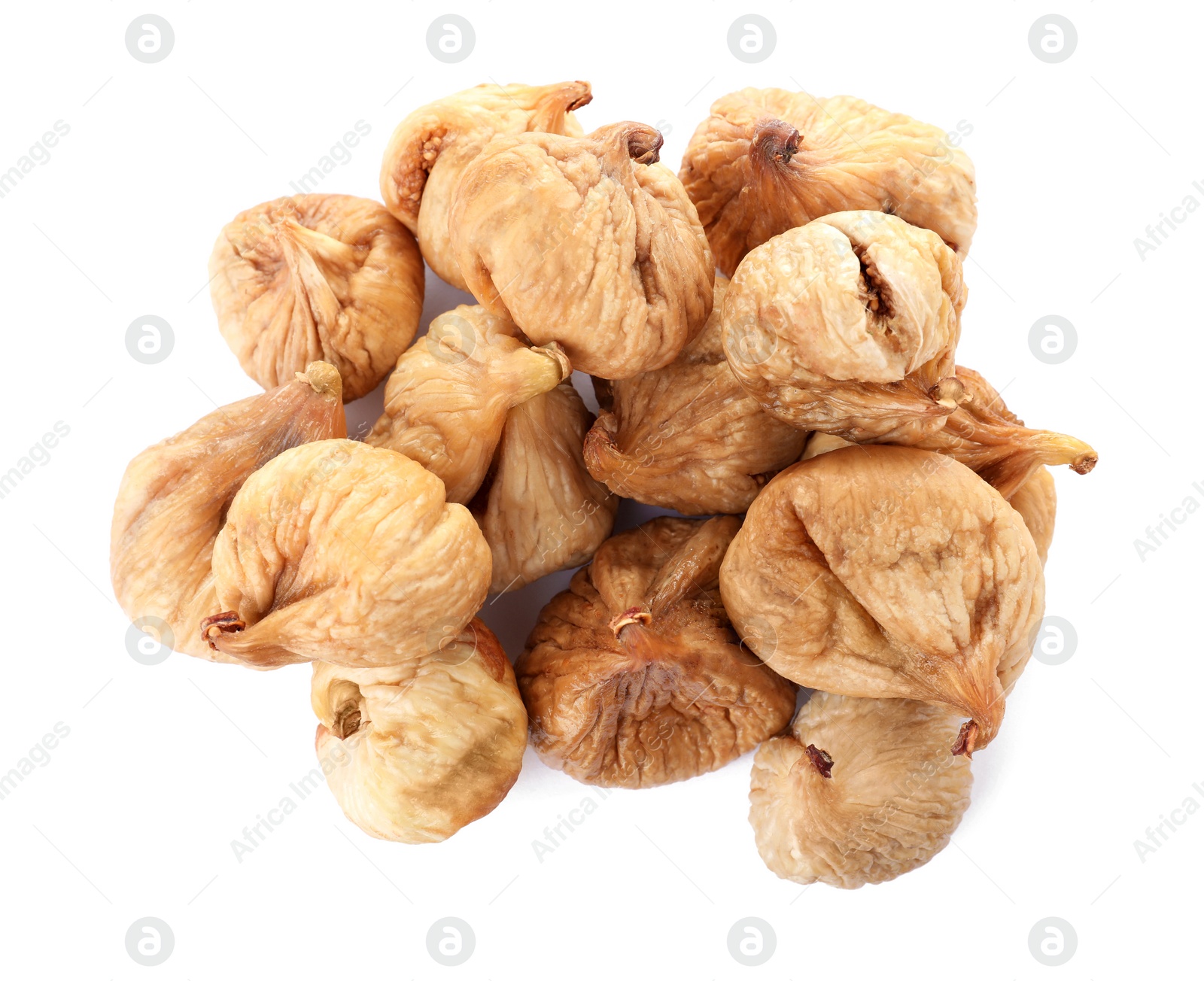 Photo of Tasty figs on white background, top view. Dried fruit as healthy food