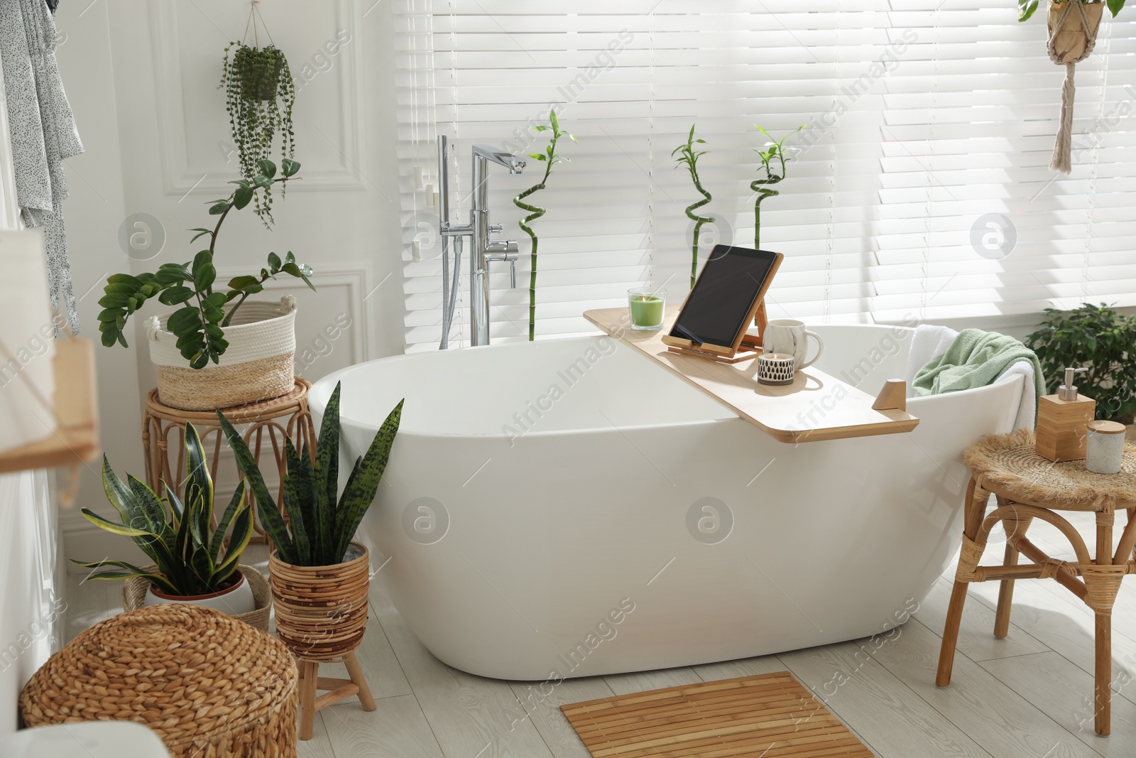 Photo of Stylish white tub and green houseplants in bathroom. Interior design