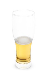 Photo of Half full glass of cold beer isolated on white
