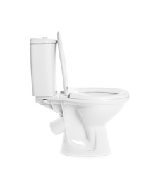 Photo of New ceramic toilet bowl on white background