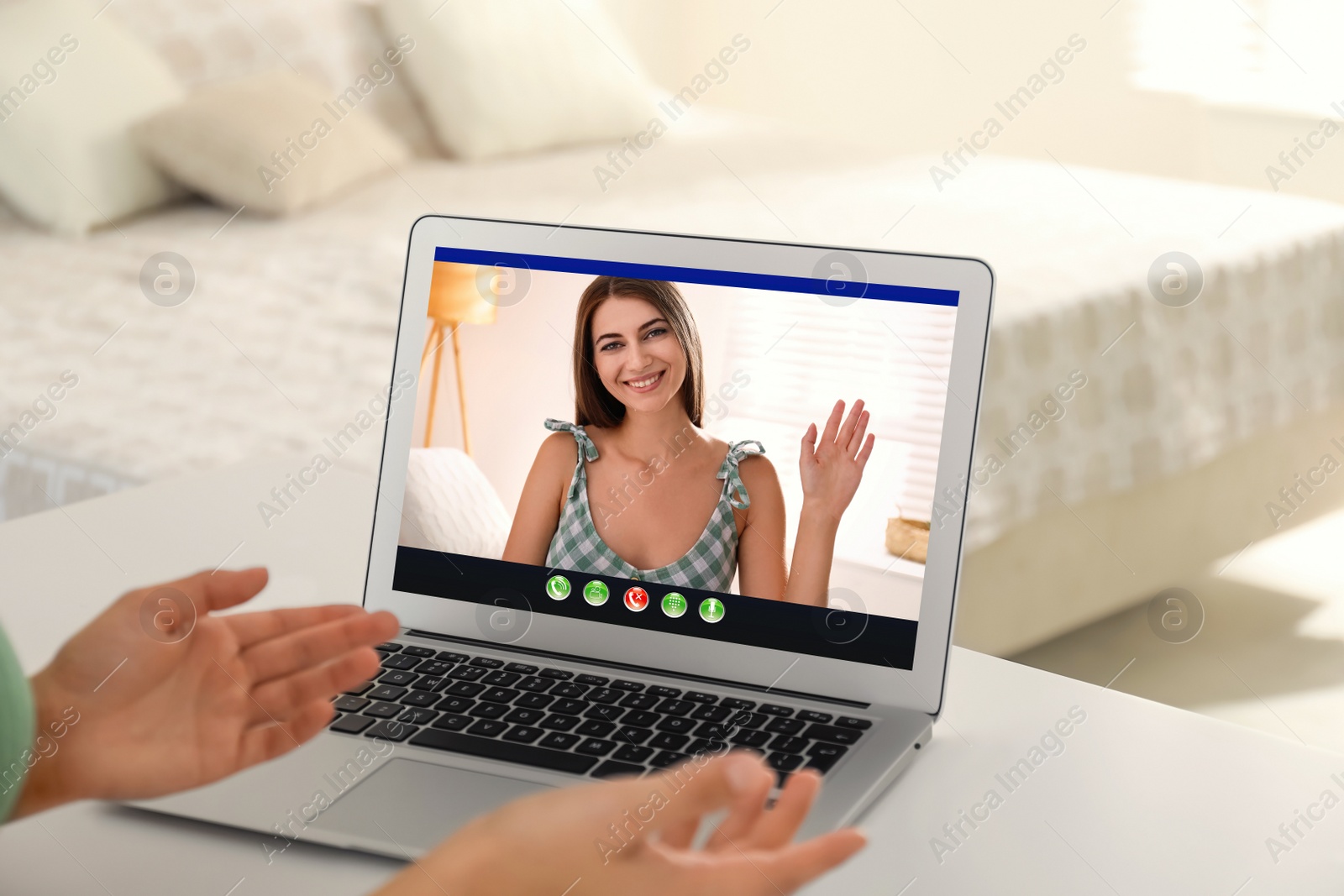 Image of Coworkers working together online. Woman using video chat on laptop, closeup