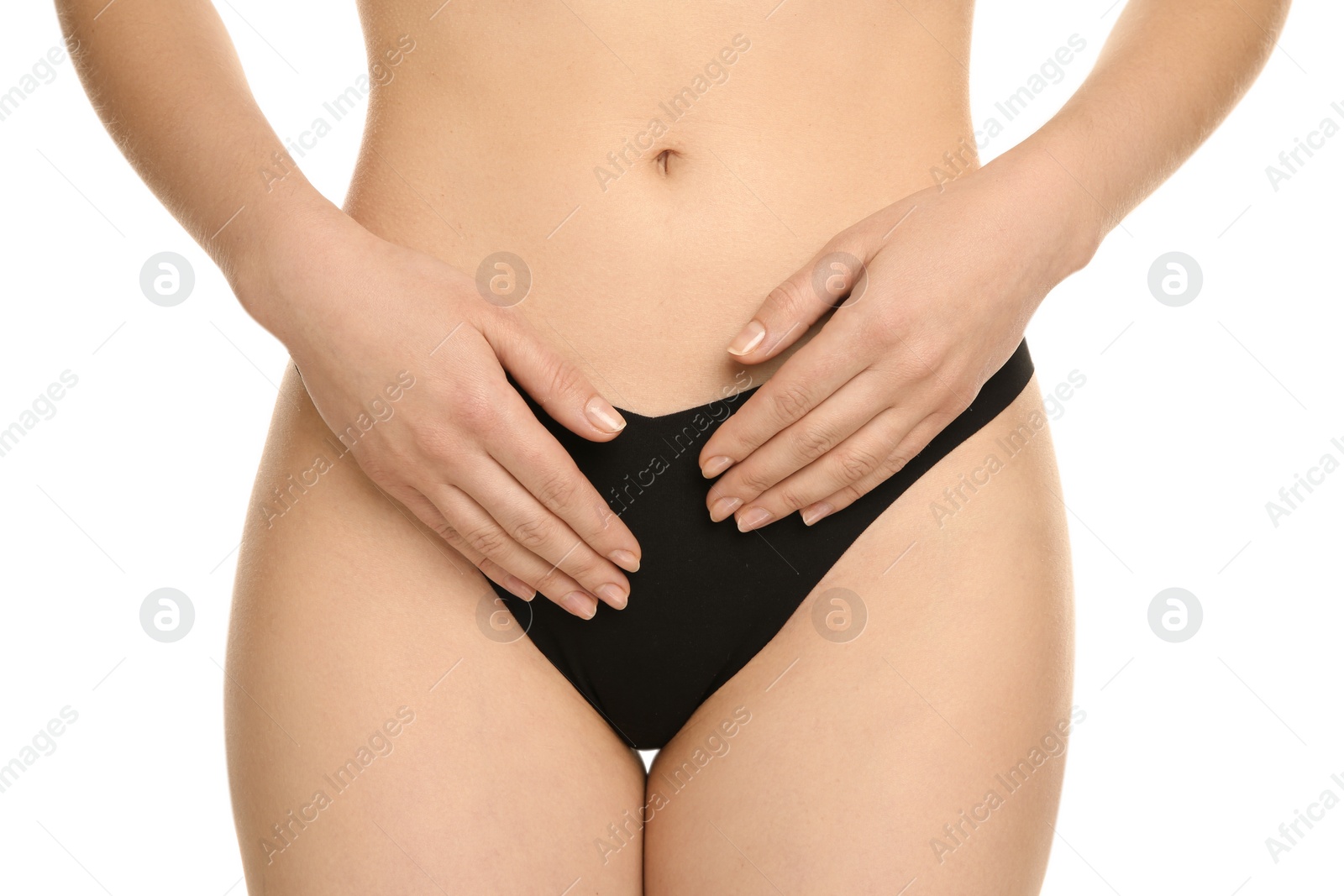 Photo of Gynecology. Woman in underwear on white background, closeup