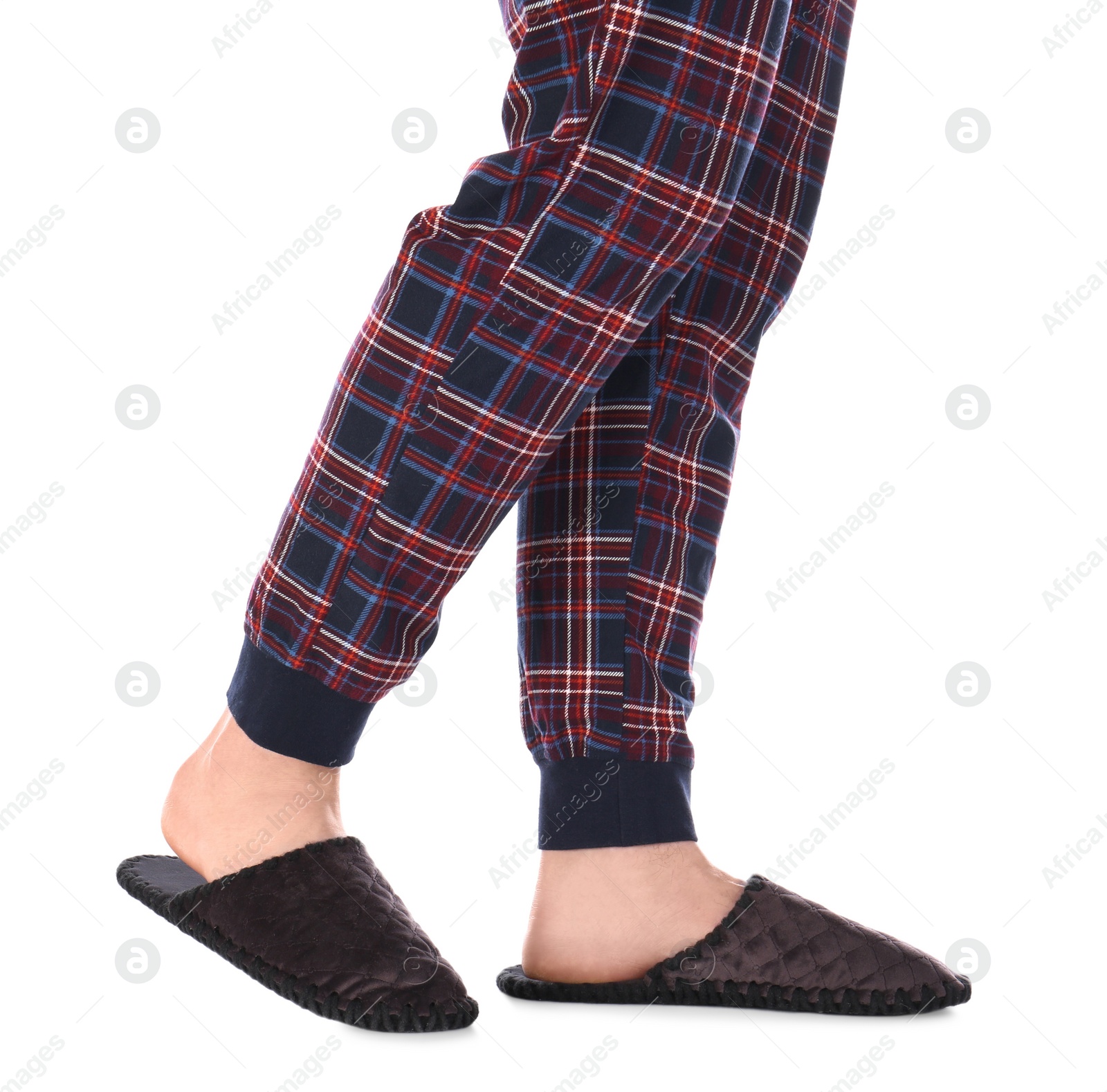 Photo of Man in warm soft slippers on white background, closeup