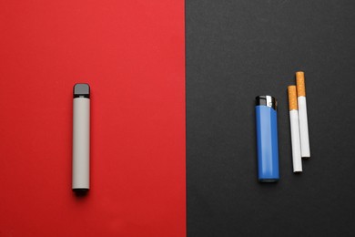 Photo of Disposable electronic smoking device near lighter and cigarettes on color background, flat lay