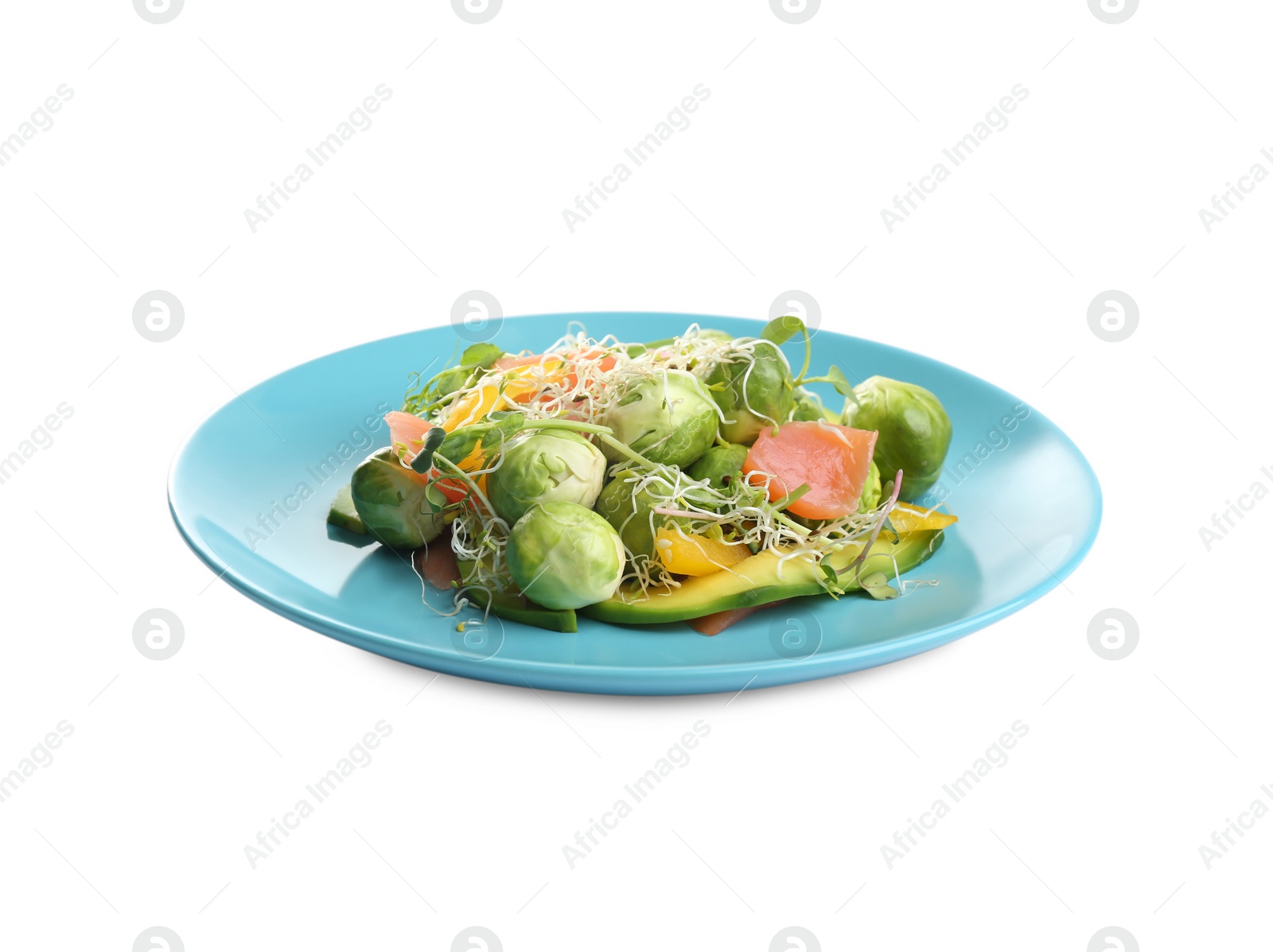 Photo of Tasty fresh salad with Brussels sprouts isolated on white