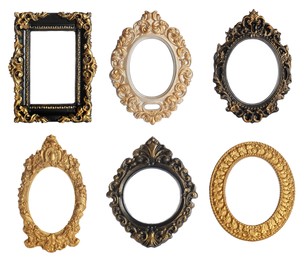 Image of Set of different vintage frames on white background