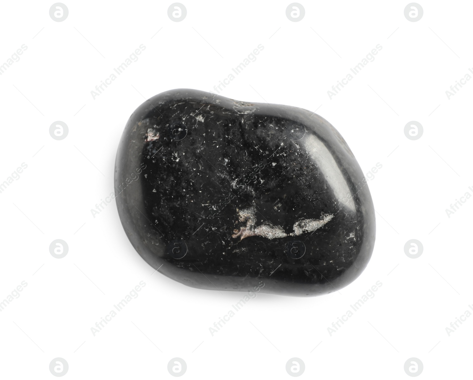 Photo of Black spa stone isolated on white, top view