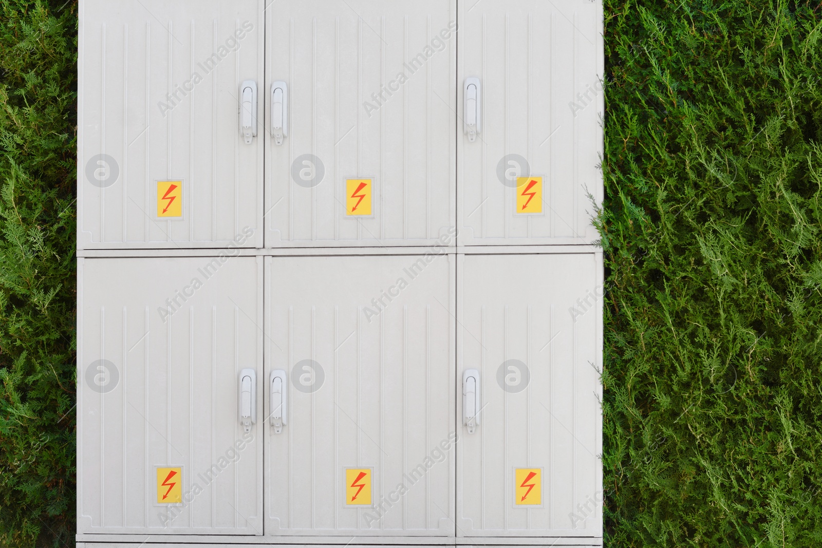 Photo of Electrical power panel near green hedge outdoors