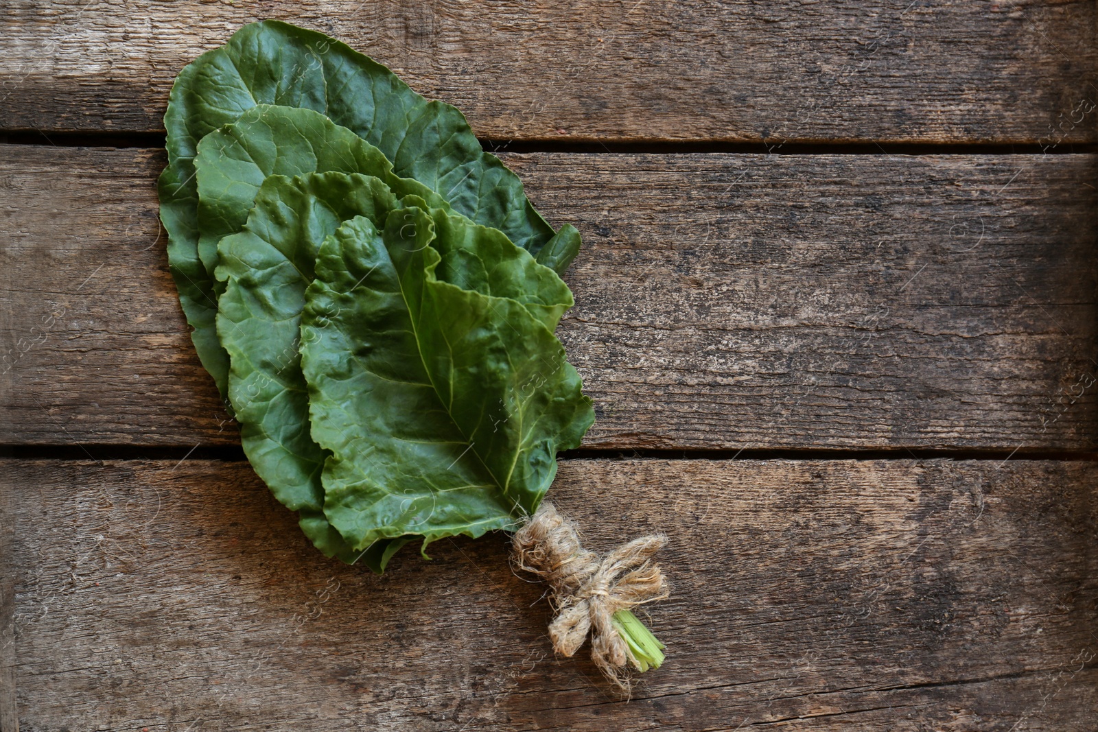 Photo of Bunch of beetroot leaves on wooden table, top view. Space for text