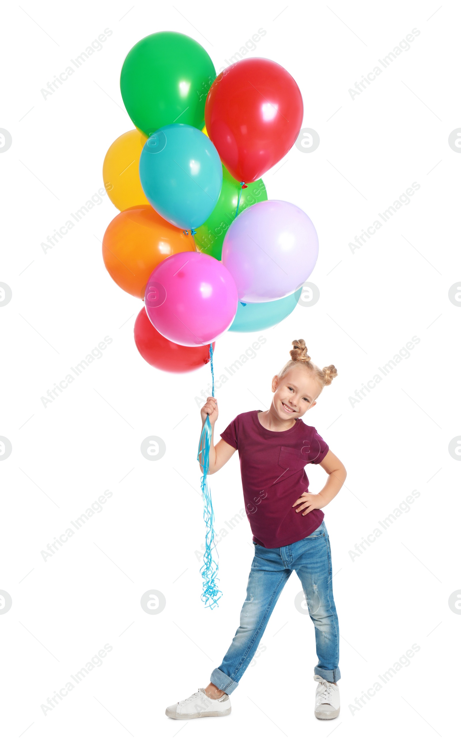 Photo of Little girl holding bunch of colorful balloons on white background