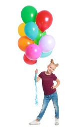 Little girl holding bunch of colorful balloons on white background