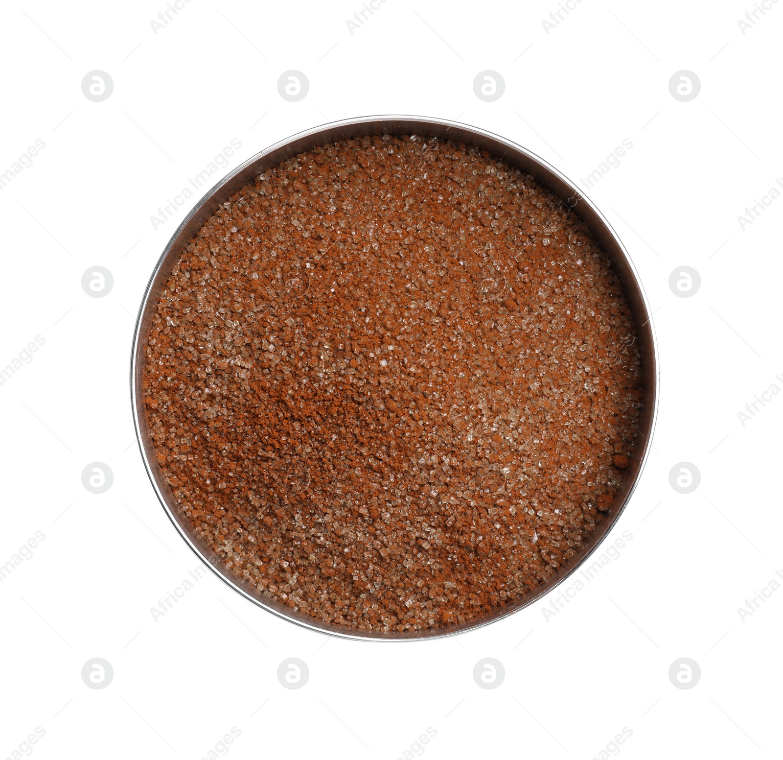 Photo of Bowl with brown food coloring isolated on white, top view