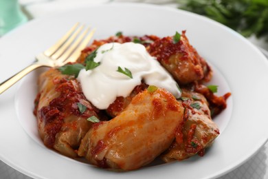 Photo of Delicious stuffed cabbage rolls served with sour cream on plate, closeup