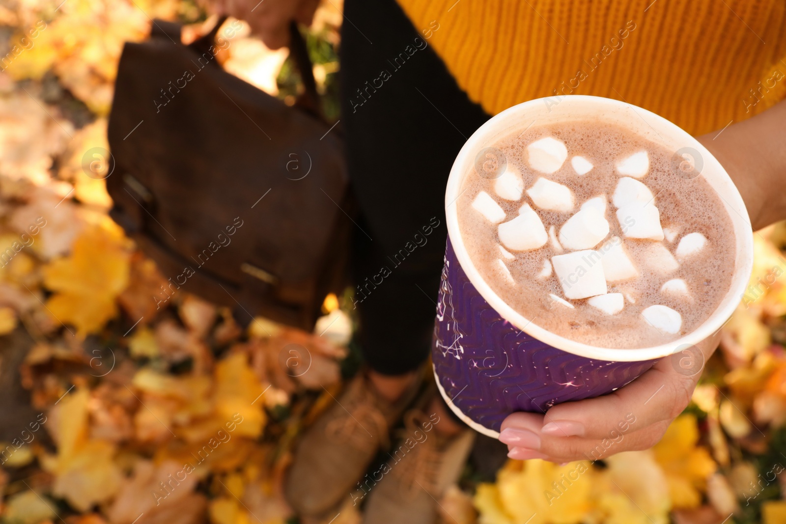 Photo of Woman holding cup of hot drink in park with fallen leaves, above view. Autumn season