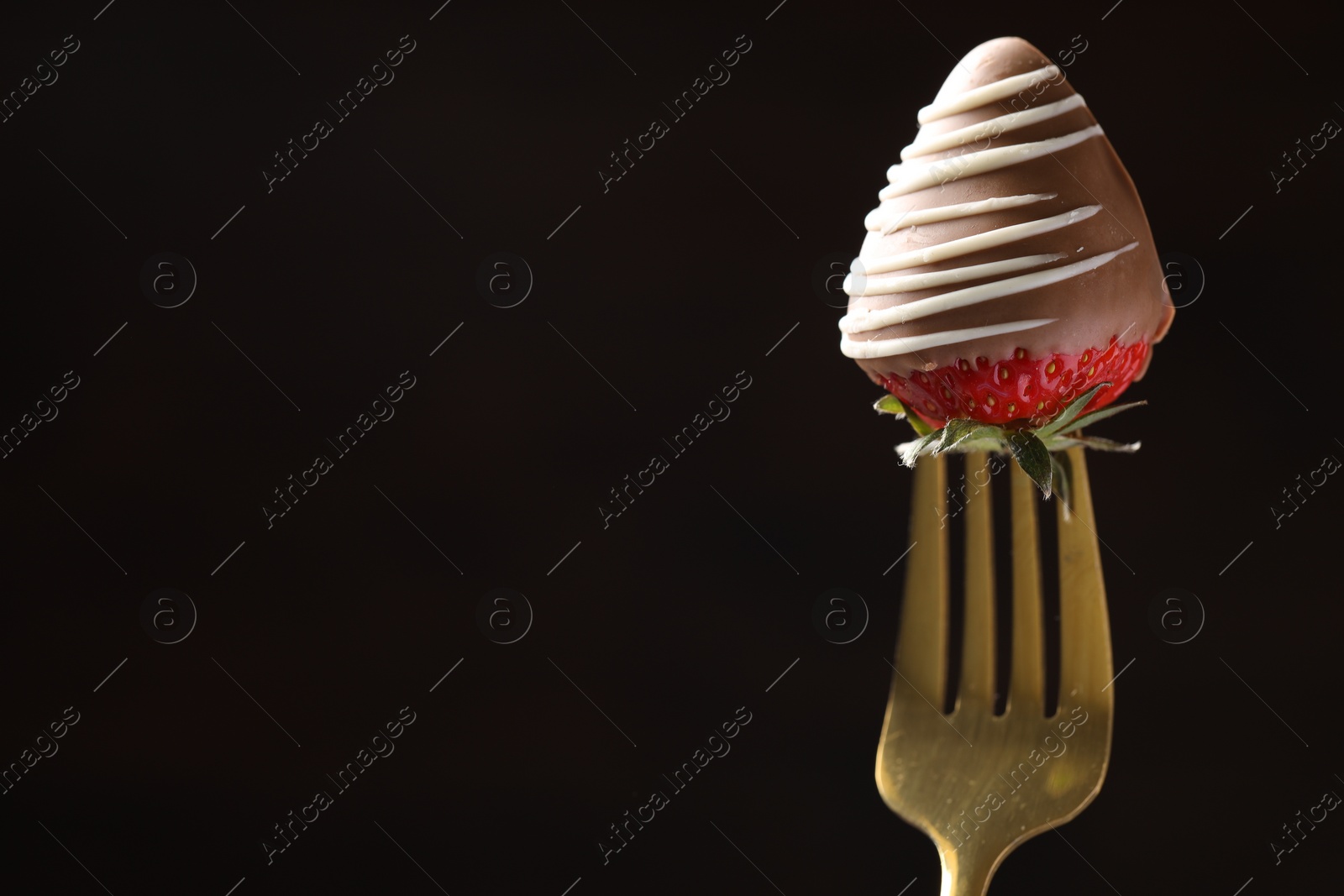 Photo of Fork with chocolate covered strawberry on black background, closeup. Space for text