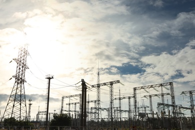 Modern electrical substation on sunny day, low angle view