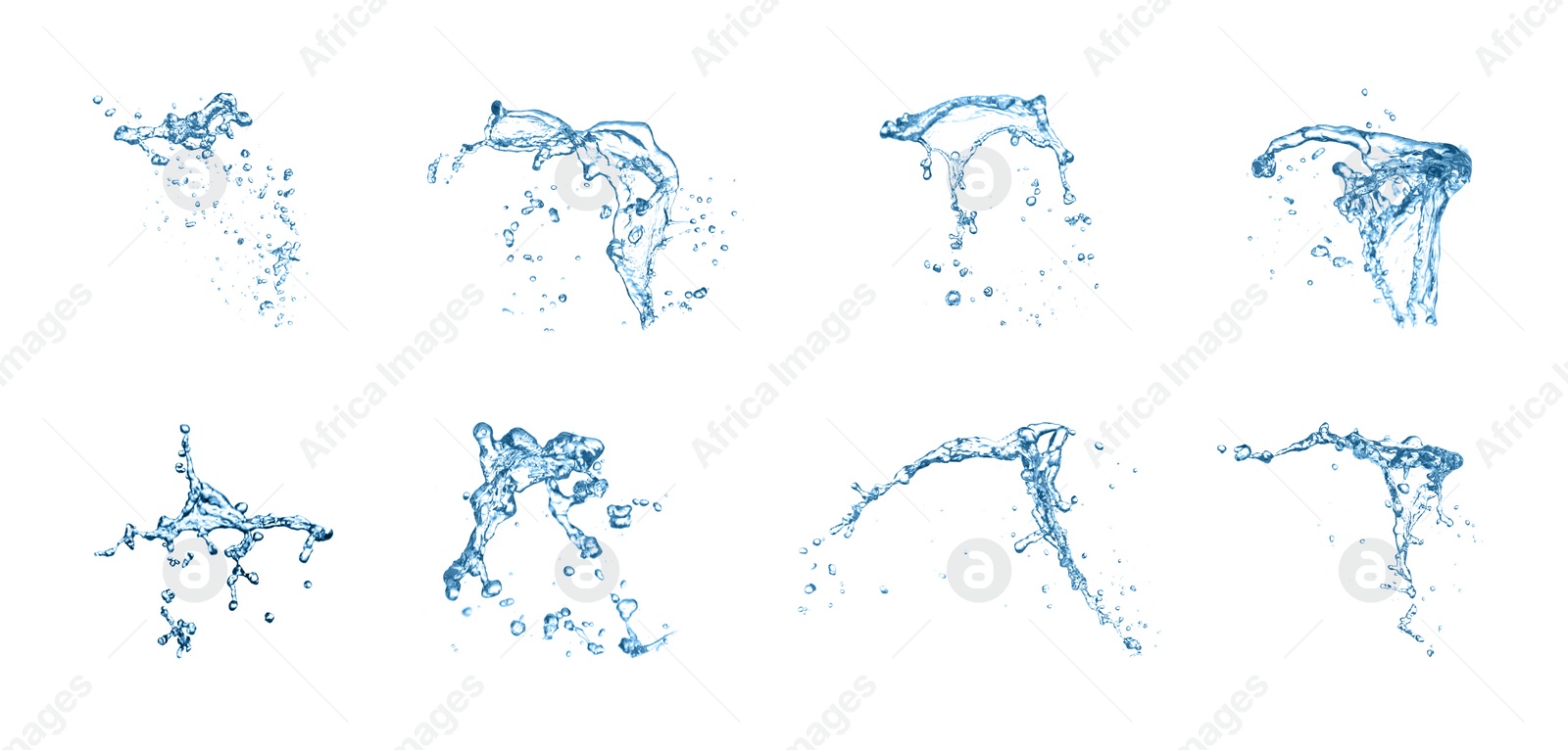 Image of Set with clear water splashes on white background. Banner design