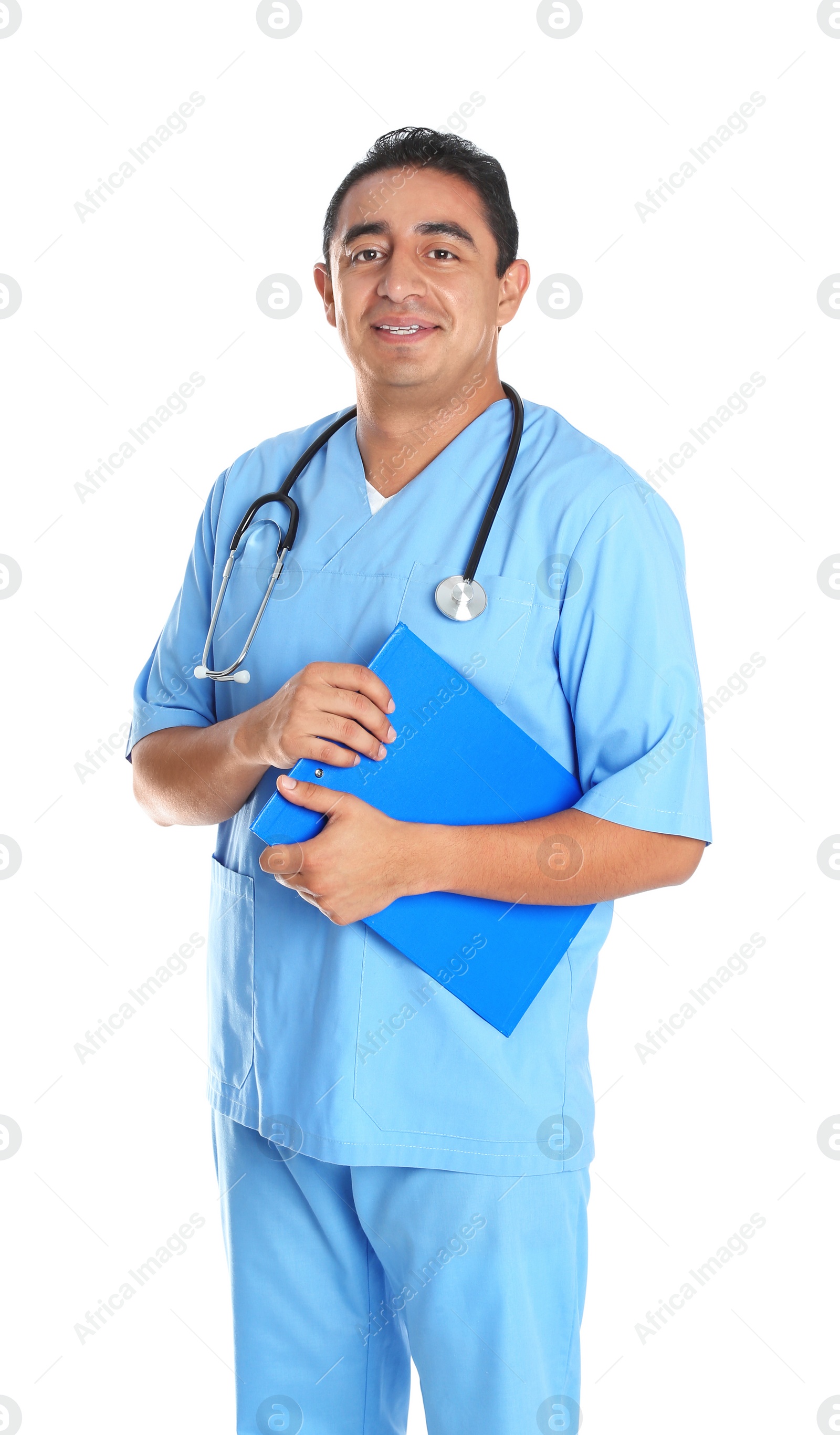 Photo of Portrait of male Hispanic doctor isolated on white. Medical staff