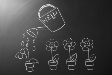 Photo of Drawing of flowers and watering can with word "Help" on chalkboard