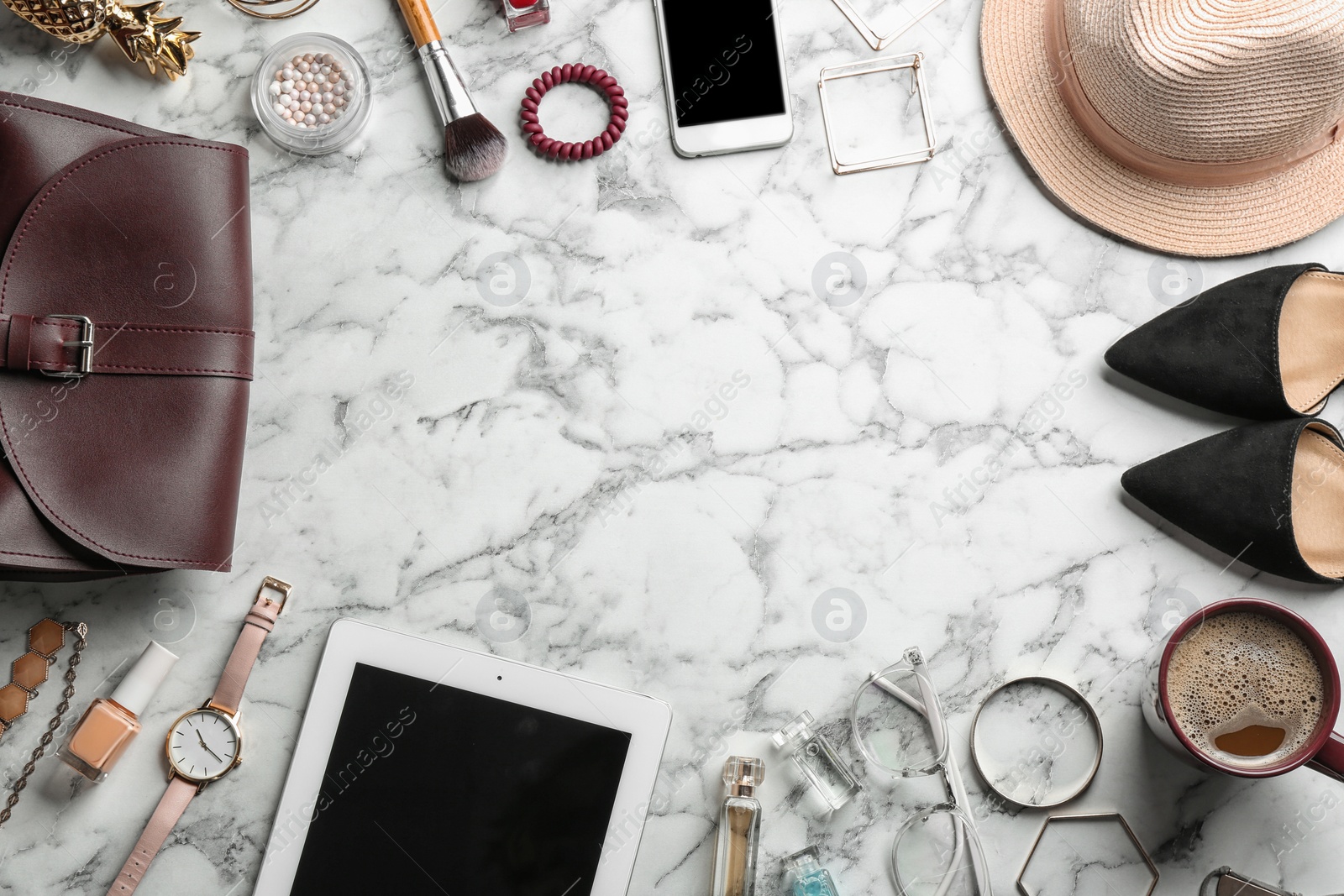 Photo of Flat lay composition with devices, blogger's stuff and space for text on marble background
