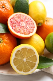 Photo of Different citrus fruits on white wooden table, closeup