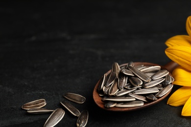 Photo of Raw sunflower seeds and flower on black table, closeup. Space for text