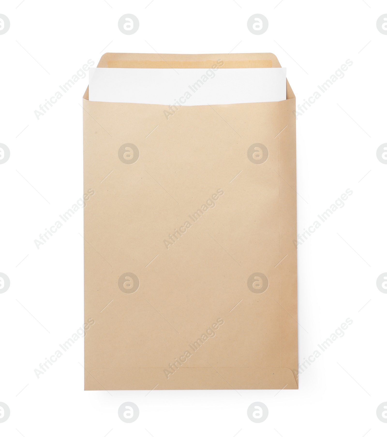 Photo of Kraft envelope with sheet of paper isolated on white