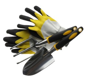 Photo of Trowel, gloves and pitchfork on white background, top view. Gardening tools
