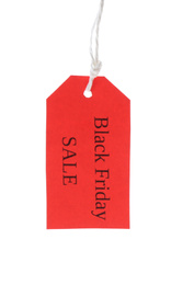 Photo of Red tag with words BLACK FRIDAY SALE hanging on white background