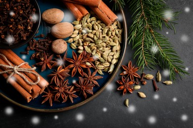 Different spices and fir tree branches on black background, top view. Cinnamon, cloves, anise, cardamom, nutmegs