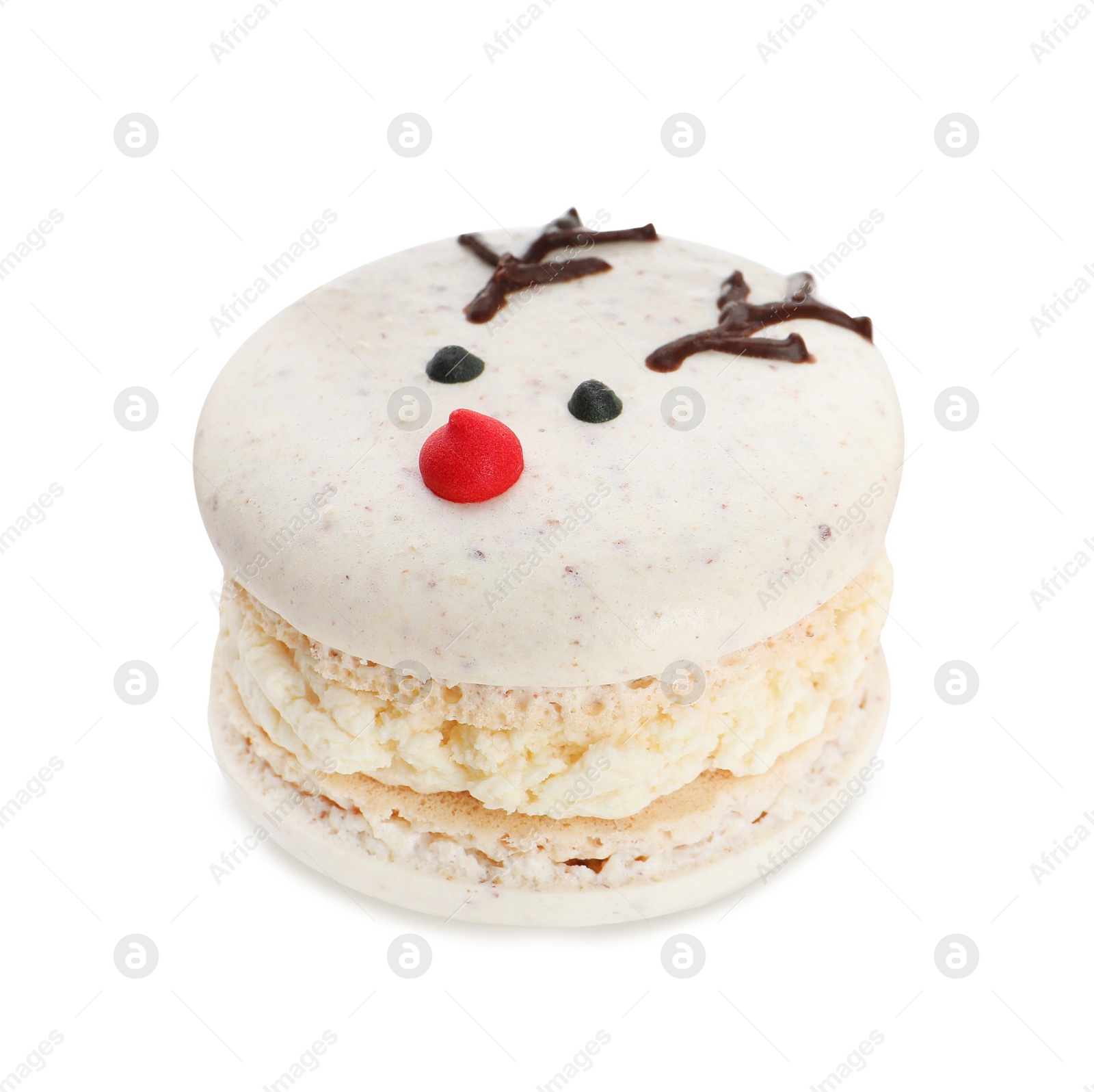 Photo of Delicious Christmas reindeer macaron isolated on white