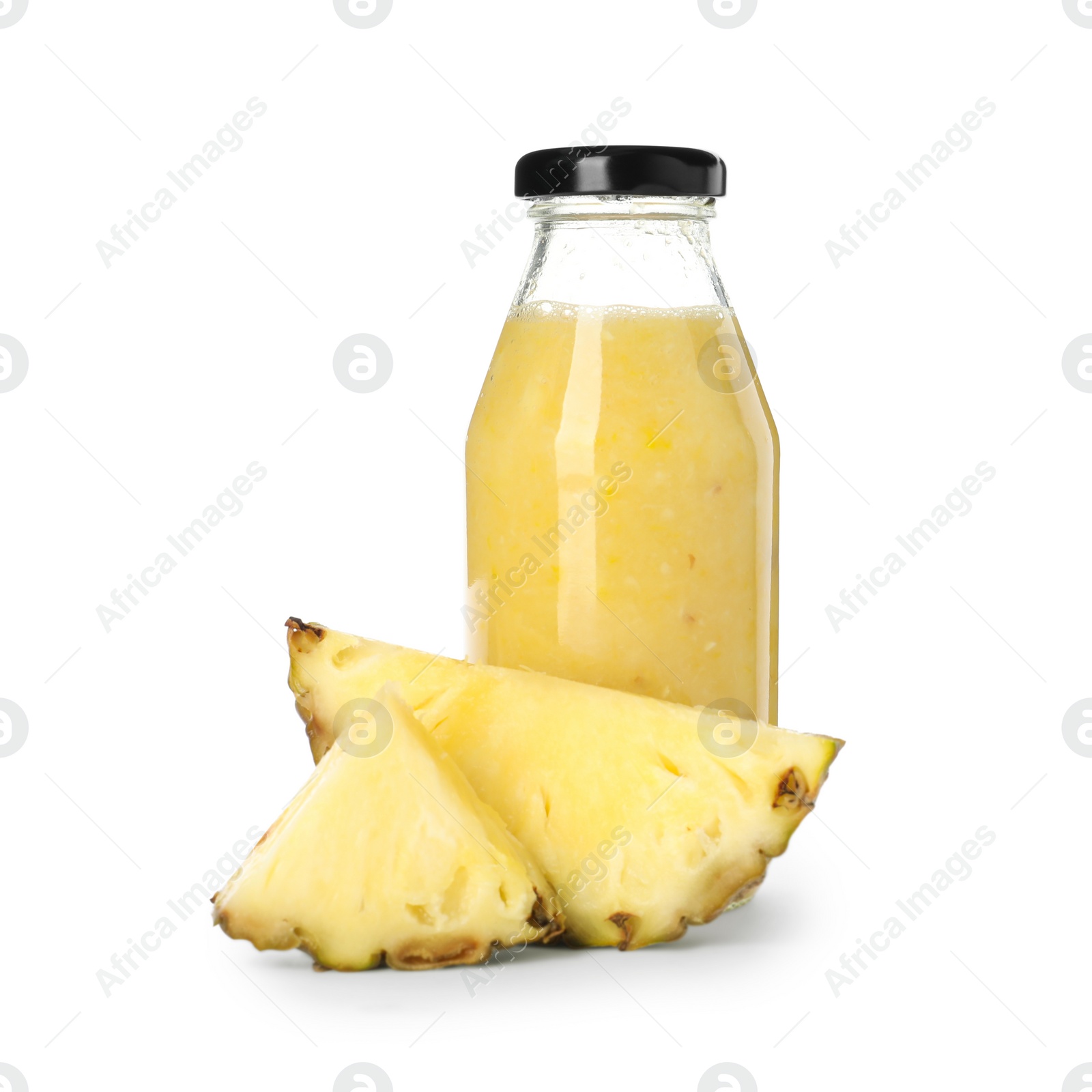 Photo of Bottle of delicious juice and fresh pineapple on white background