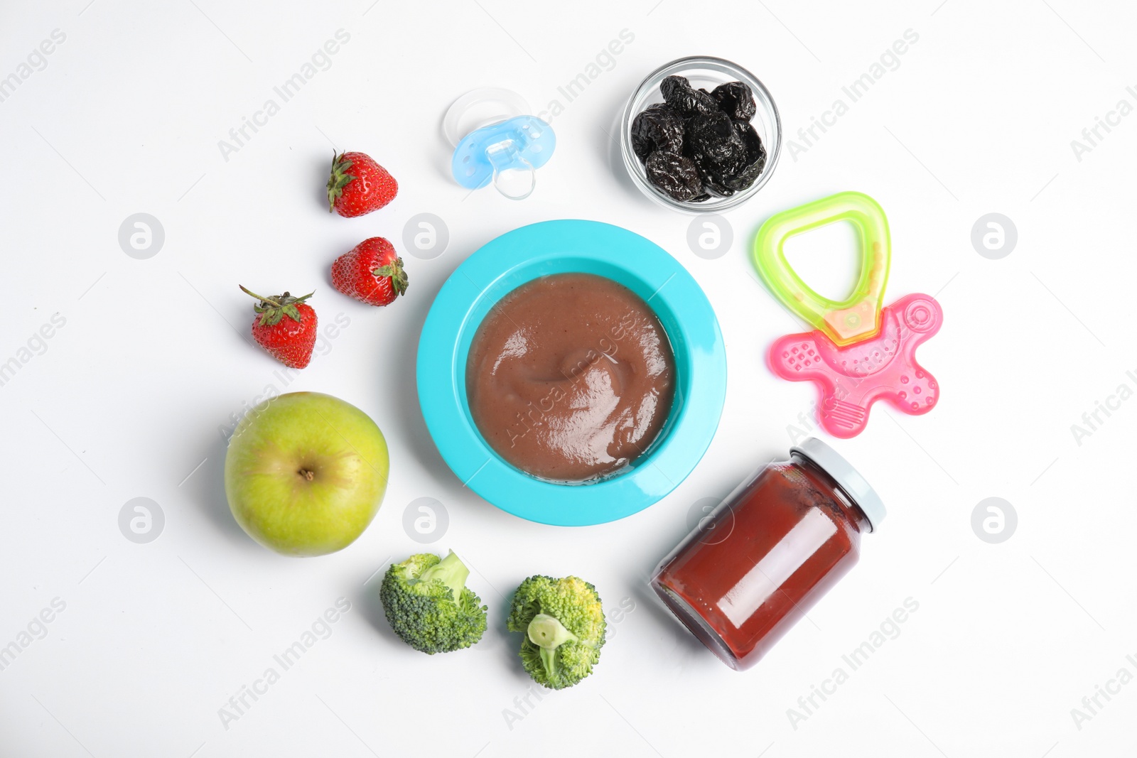 Photo of Flat lay composition with healthy baby food, ingredients and accessories on white background