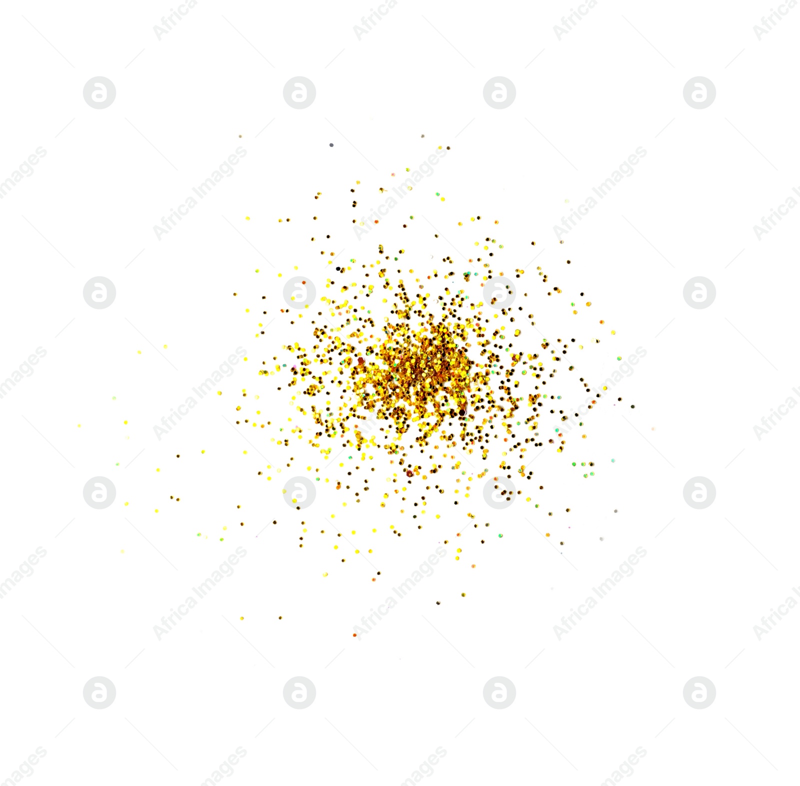 Photo of Shiny golden glitter on white background, top view