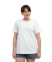 Smiling woman in stylish t-shirt on white background