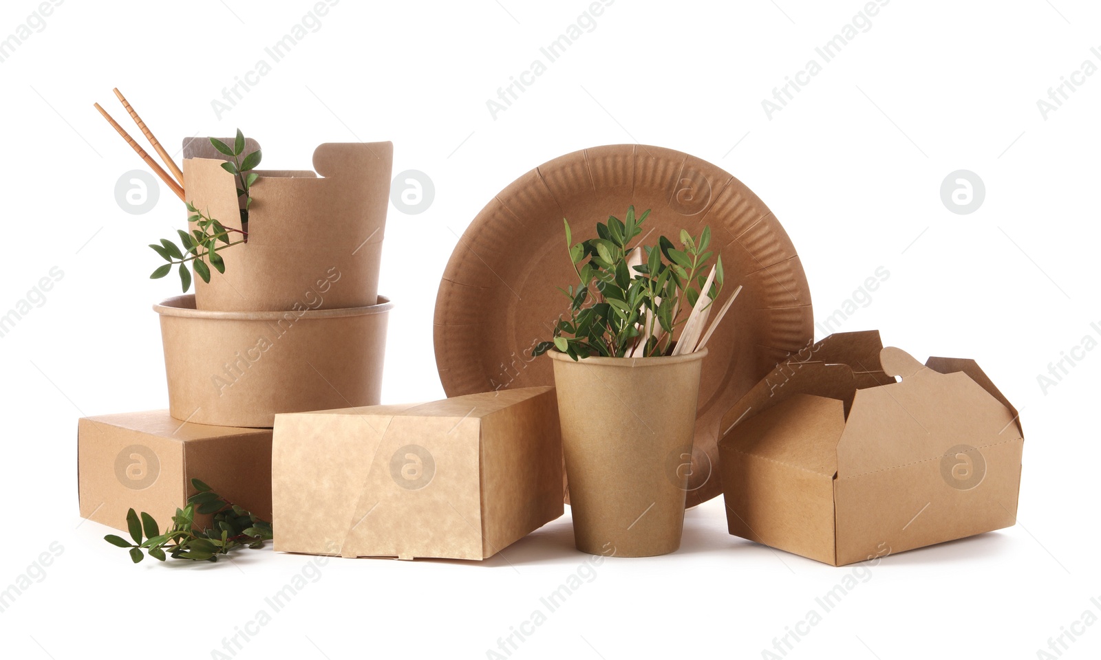 Photo of Eco friendly food packagings, tableware and twigs isolated on white