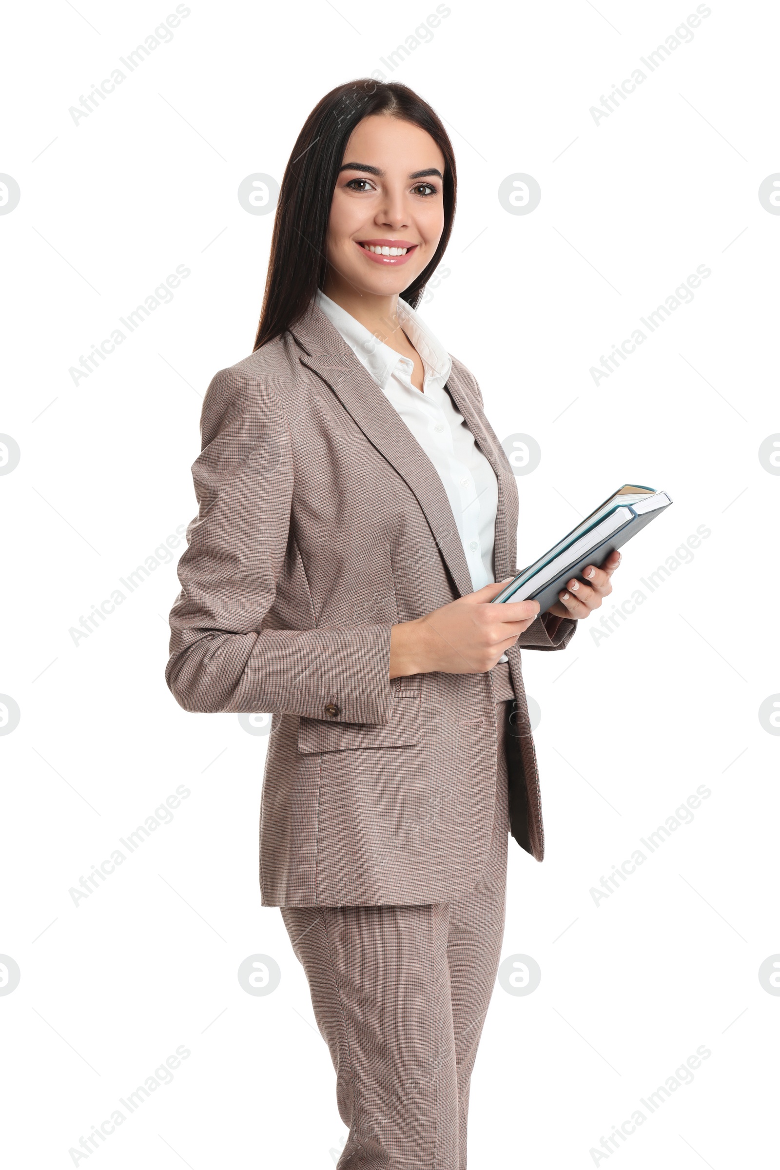 Photo of Real estate agent with notebook on white background